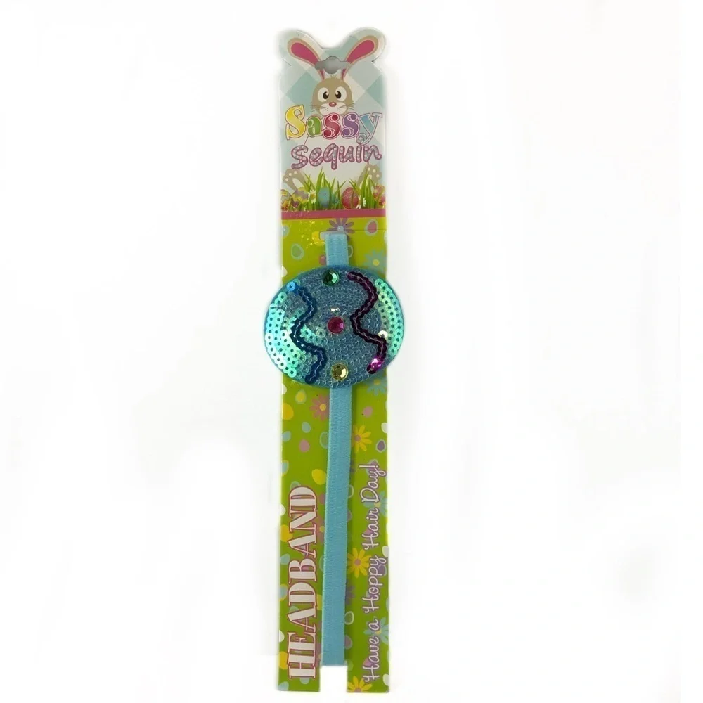 Sassy Sequin Easter Headband Elasticized Band Easter Egg Blue